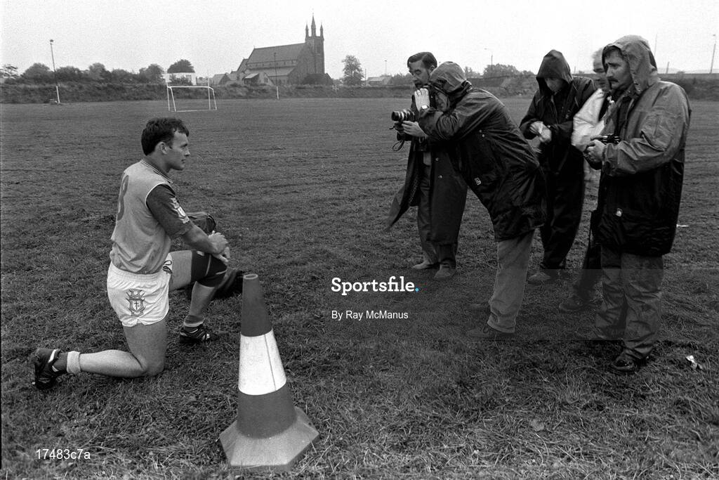 10 September 1992; Donegal footballer Anthony Molloy kneels for photographers during the Donegal press night. Picture credit; Ray McManus / SPORTSFILE