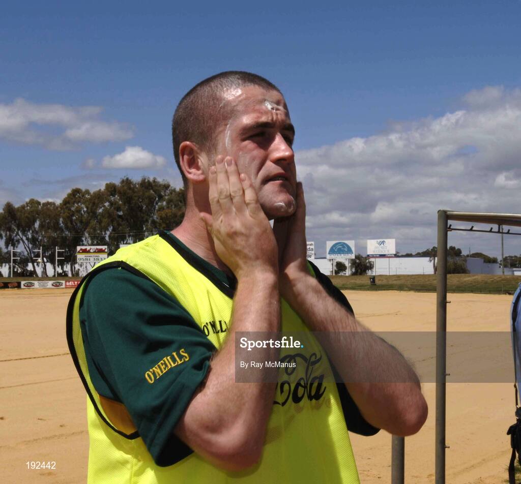 18 October 2005; Stephen O'Neill, Tyrone, applies sun block before a training session, at the Mandurah Football and Sports Club, in advance of the Fosters International Rules game between Australia and Ireland. Mandurah Football and Sports Club, Mandurah, Perth, Western Australia. Picture credit; Ray McManus / SPORTSFILE