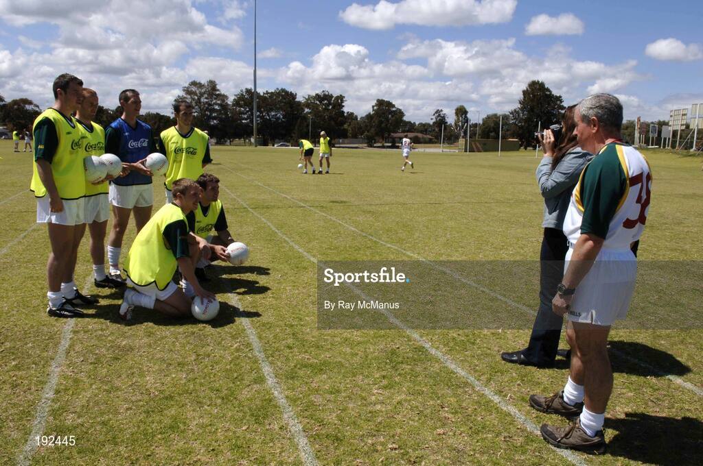 18 October 2005; Manager Pete McGrath watches as Ronan Clarke, Brian Dooher, Michael McVeigh, Dessie Dolan, Ross Munnelly and Bryan Cullen have their picture taken before a training session, at the Mandurah Football and Sports Club, in advance of the Fosters International Rules game between Australia and Ireland. Mandurah Football and Sports Club, Rushton Park, Mandurah, Perth, Western Australia. Picture credit; Ray McManus / SPORTSFILE