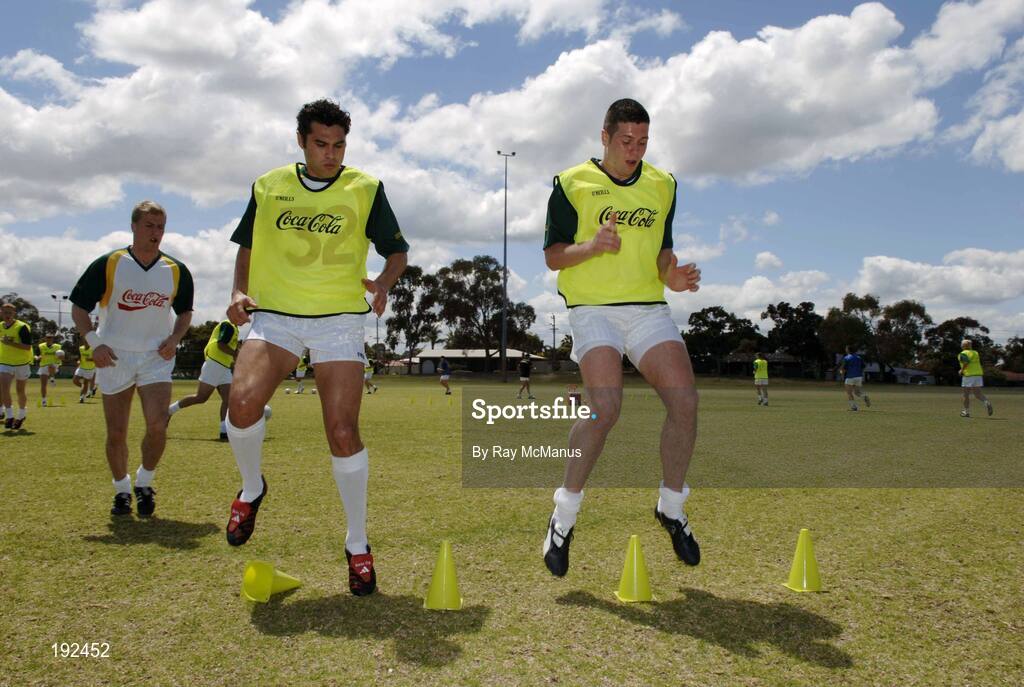 18 October 2005; Sean Og O hAilpin, Cork, and Sean Cavanagh, Tyrone, during a training session, at the Mandurah Football and Sports Club, in advance of the Fosters International Rules game between Australia and Ireland. Mandurah Football and Sports Club, Rushton Park, Mandurah, Perth, Western Australia. Picture credit; Ray McManus / SPORTSFILE