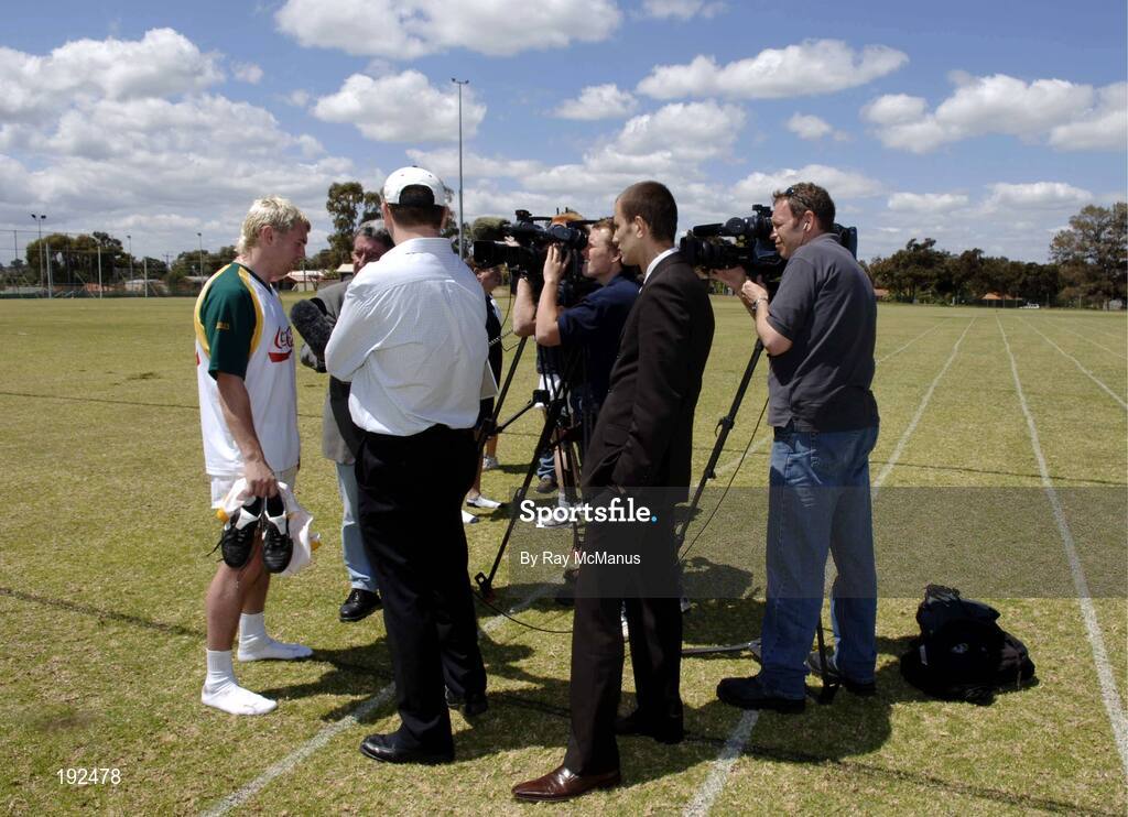 18 October 2005; Eoin Mulligan, Tyrone, is interviewed by local media after a training session, at the Mandurah Football and Sports Club, in advance of the Fosters International Rules game between Australia and Ireland. Mandurah Football and Sports Club, Rushton Park, Mandurah, Perth, Western Australia. Picture credit; Ray McManus / SPORTSFILE