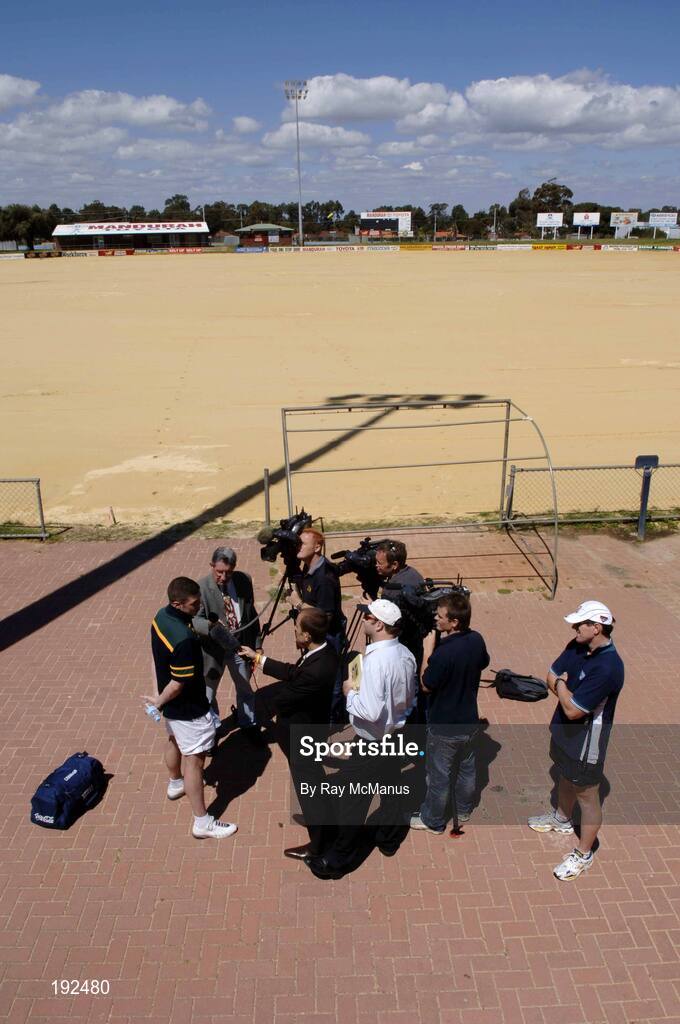 18 October 2005; Sean Cavanagh, Tyrone, is interviewed by local media after a training session, at the Mandurah Football and Sports Club, whose main pitch awaits the arrival of new grass, in advance of the Fosters International Rules game between Australia and Ireland. Mandurah Football and Sports Club, Rushton Park, Mandurah, Perth, Western Australia. Picture credit; Ray McManus / SPORTSFILE