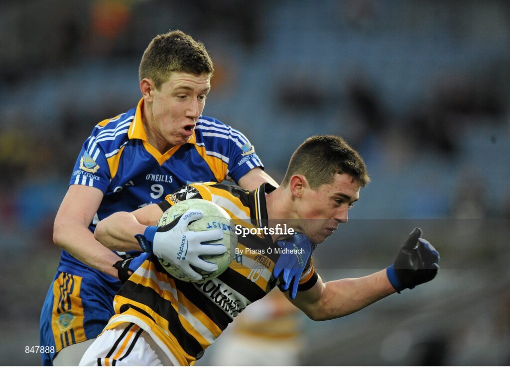 8 March 2014; Rian Mac Giolla Bhríde, Coláiste Eoin, in action against Gavin Delaney, Marist Athlone. Leinster Colleges Senior Football Championship Final, Coláiste Eoin v Marist Athlone. Croke Park, Dublin. Picture credit: Piaras Ó Mídheach / SPORTSFILE