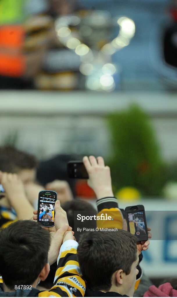 8 March 2014; Coláiste Eoin supporters record the cup presentation on their mobile phones. Leinster Colleges Senior Football Championship Final, Coláiste Eoin v Marist Athlone. Croke Park, Dublin. Picture credit: Piaras Ó Mídheach / SPORTSFILE