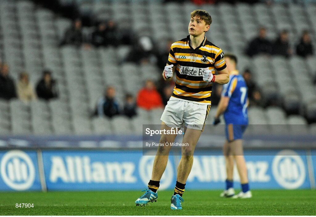 8 March 2014; Conn Ó Ceallacháin, Coláiste Eoin, celebrates a late point for his side. Leinster Colleges Senior Football Championship Final, Coláiste Eoin v Marist Athlone. Croke Park, Dublin. Picture credit: Piaras Ó Mídheach / SPORTSFILE