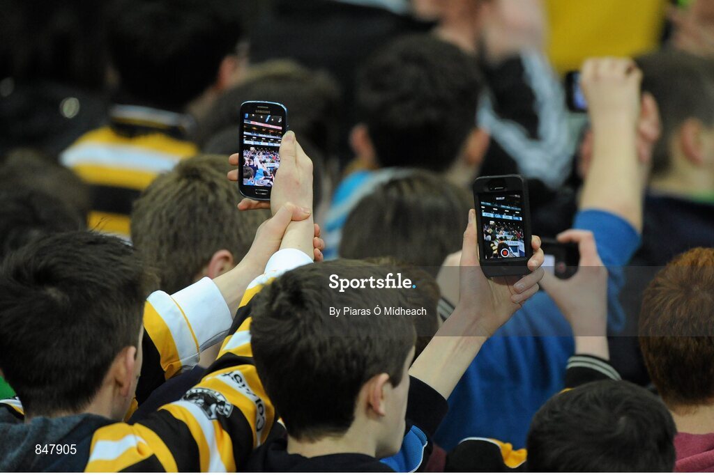 8 March 2014; Coláiste Eoin supporters record the cup presentation on their mobile phones. Leinster Colleges Senior Football Championship Final, Coláiste Eoin v Marist Athlone. Croke Park, Dublin. Picture credit: Piaras Ó Mídheach / SPORTSFILE