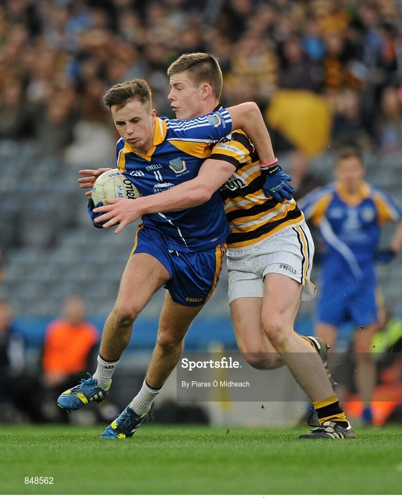 8 March 2014; Niall Neary, Marist Athlone, in action against Seán Ó Dúlaing, Coláiste Eoin. Leinster Colleges Senior Football Championship Final, Coláiste Eoin v Marist Athlone. Croke Park, Dublin. Picture credit: Piaras Ó Mídheach / SPORTSFILE