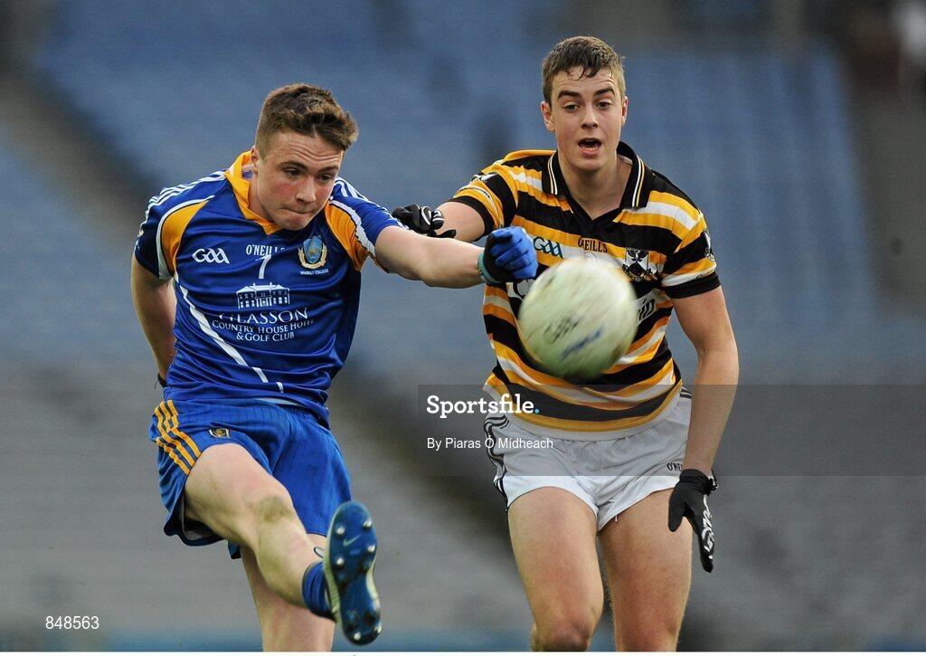 8 March 2014; Luke Carty, Marist Athlone, in action against Conchúr Ó Cathasaigh, Coláiste Eoin. Leinster Colleges Senior Football Championship Final, Coláiste Eoin v Marist Athlone. Croke Park, Dublin. Picture credit: Piaras Ó Mídheach / SPORTSFILE