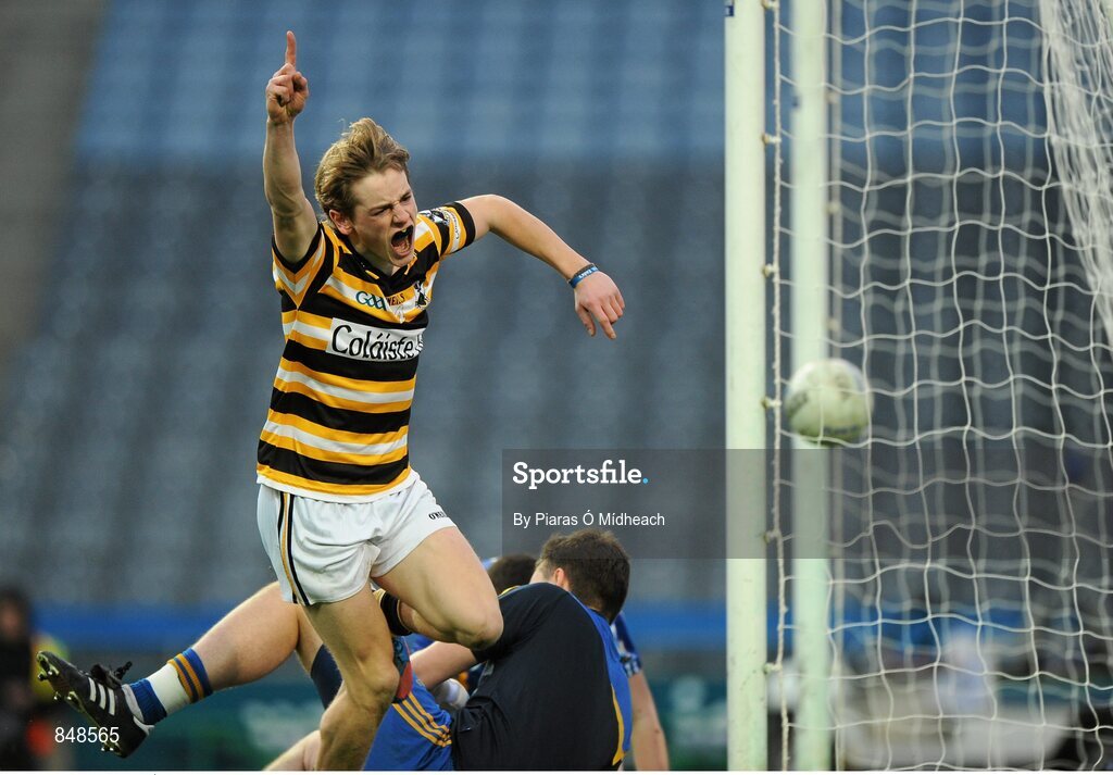 8 March 2014; Colm Ó Neill, Coláiste Eoin, celebrates his second half goal. Leinster Colleges Senior Football Championship Final, Coláiste Eoin v Marist Athlone. Croke Park, Dublin. Picture credit: Piaras Ó Mídheach / SPORTSFILE