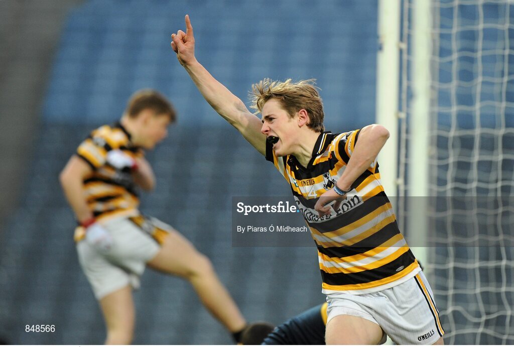 8 March 2014; Colm Ó Neill, Coláiste Eoin, celebrates his second half goal. Leinster Colleges Senior Football Championship Final, Coláiste Eoin v Marist Athlone. Croke Park, Dublin. Picture credit: Piaras Ó Mídheach / SPORTSFILE