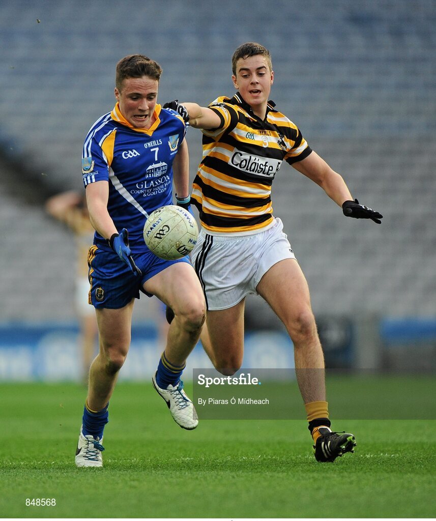 8 March 2014; Luke Carty, Marist Athlone, in action against Conchúr Ó Cathasaigh, Coláiste Eoin. Leinster Colleges Senior Football Championship Final, Coláiste Eoin v Marist Athlone. Croke Park, Dublin. Picture credit: Piaras Ó Mídheach / SPORTSFILE