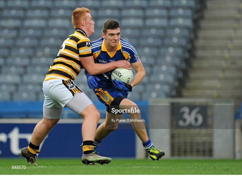 8 March 2014; Terry Byrne, Marist Athlone, in action against Dylan Ó Treasaigh, Coláiste Eoin. Leinster Colleges Senior Football Championship Final, Coláiste Eoin v Marist Athlone. Croke Park, Dublin. Picture credit: Piaras Ó Mídheach / SPORTSFILE