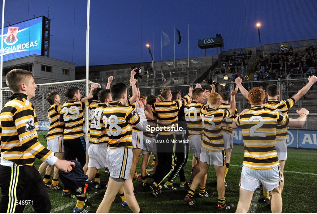 8 March 2014; Coláiste Eoin players celebrate in front of Hill 16. Leinster Colleges Senior Football Championship Final, Coláiste Eoin v Marist Athlone. Croke Park, Dublin. Picture credit: Piaras Ó Mídheach / SPORTSFILE