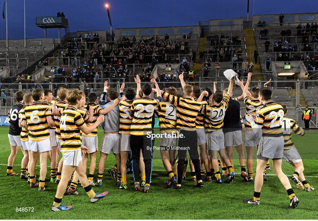 8 March 2014; Coláiste Eoin players celebrate in front of Hill 16. Leinster Colleges Senior Football Championship Final, Coláiste Eoin v Marist Athlone. Croke Park, Dublin. Picture credit: Piaras Ó Mídheach / SPORTSFILE