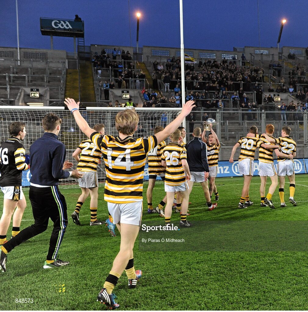 8 March 2014; Coláiste Eoin players celebrate in front of Hill 16. Leinster Colleges Senior Football Championship Final, Coláiste Eoin v Marist Athlone. Croke Park, Dublin. Picture credit: Piaras Ó Mídheach / SPORTSFILE