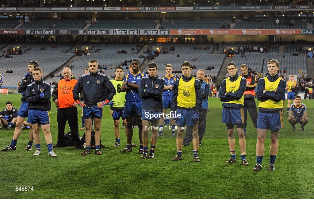8 March 2014; Dejected Marist Athlone players after the game. Leinster Colleges Senior Football Championship Final, Coláiste Eoin v Marist Athlone. Croke Park, Dublin. Picture credit: Piaras Ó Mídheach / SPORTSFILE