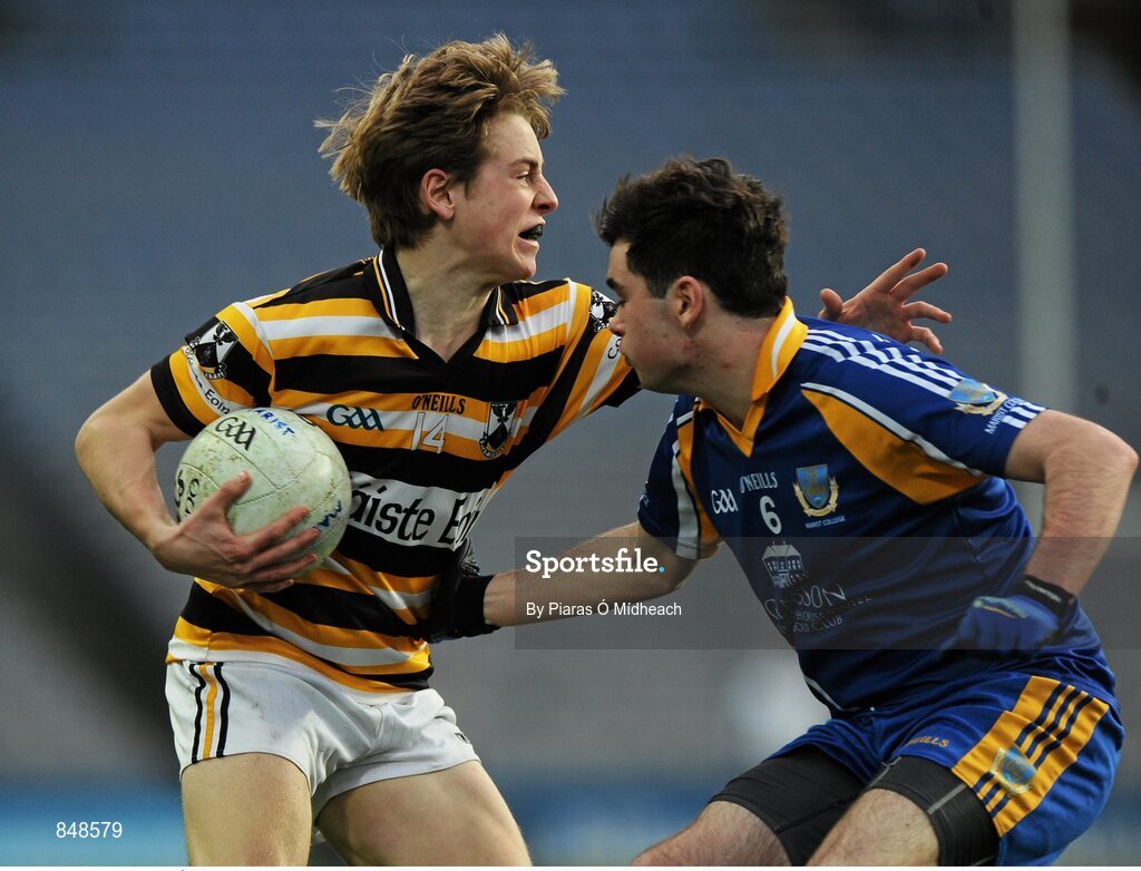8 March 2014; Colm Ó Neill, Coláiste Eoin, in action against Mark Curley, Marist Athlone. Leinster Colleges Senior Football Championship Final, Coláiste Eoin v Marist Athlone. Croke Park, Dublin. Picture credit: Piaras Ó Mídheach / SPORTSFILE