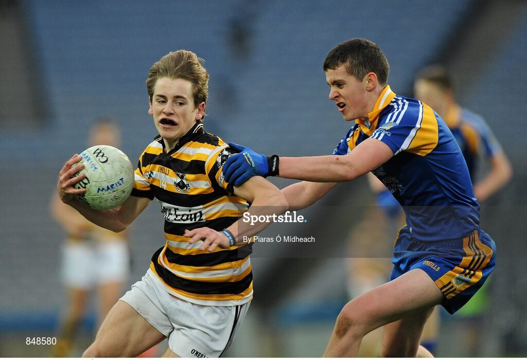 8 March 2014; Colm Ó Neill, Coláiste Eoin, in action against Alan Daly, Marist Athlone. Leinster Colleges Senior Football Championship Final, Coláiste Eoin v Marist Athlone. Croke Park, Dublin. Picture credit: Piaras Ó Mídheach / SPORTSFILE