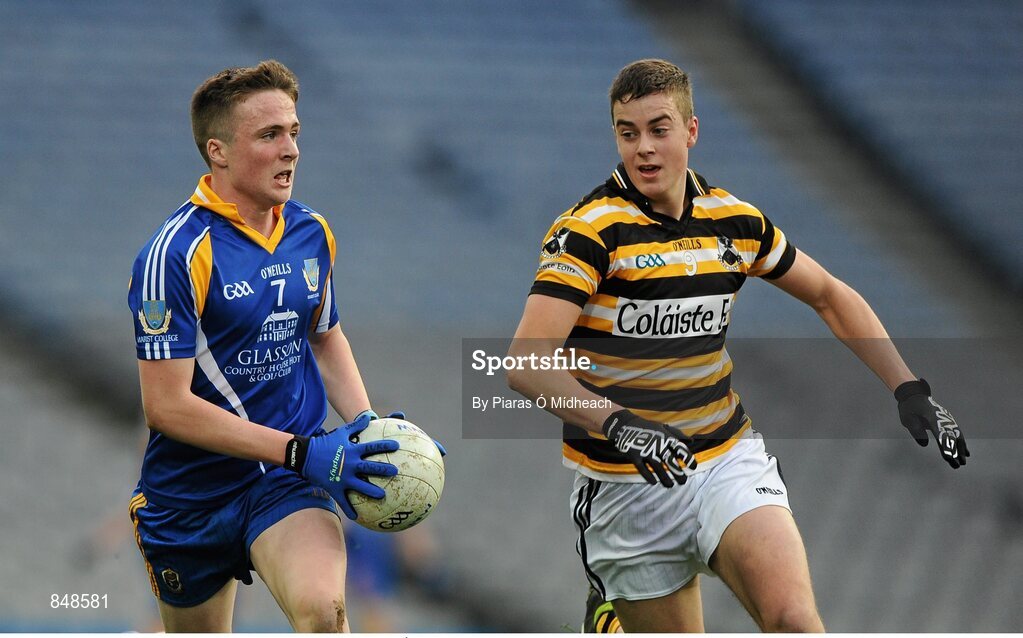 8 March 2014; Luke Carty, Marist Athlone, in action against Conchúr Ó Cathasaigh, Coláiste Eoin. Leinster Colleges Senior Football Championship Final, Coláiste Eoin v Marist Athlone. Croke Park, Dublin. Picture credit: Piaras Ó Mídheach / SPORTSFILE