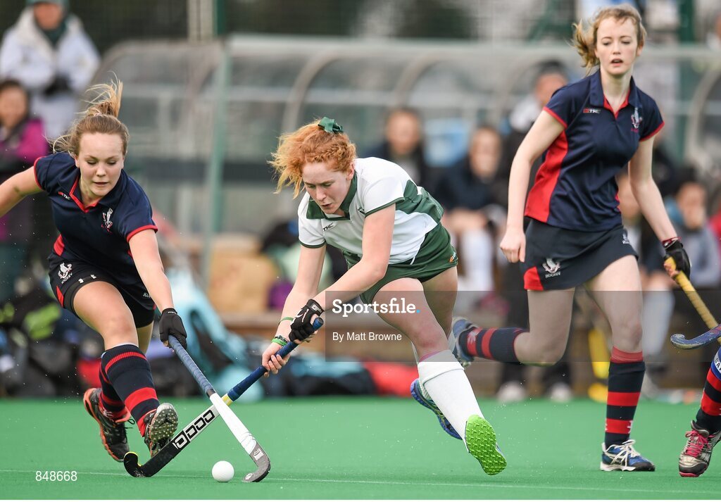 28 March 2014; Kelly Dunleavy, Salerno, in action against Kathryn Edgar, Lurgan College. Electric Ireland Kate Russell All-Ireland School Girls Hockey Final Tournament, Salerno, Co. Galway v Lurgan College, Co. Armagh. St Andrews College, Booterstown, Co Dublin. Picture credit: Matt Browne / SPORTSFILE