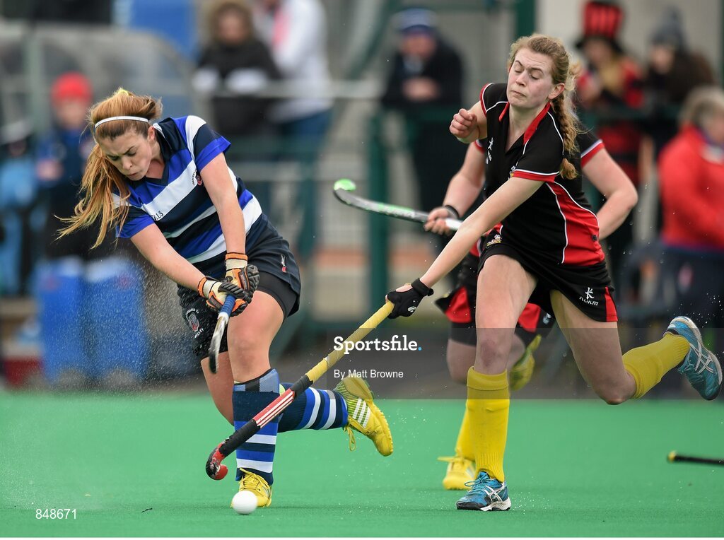 28 March 2014; Clodagh Coffey, Crescent College, in action against Cheyenne Holmes, Kilkenny College. Electric Ireland Kate Russell All-Ireland School Girls Hockey Final Tournament, Crescent College, Co. Limerick v Kilkenny College, Co. Kilkenny. St Andrews College, Booterstown, Co. Dublin. Picture credit: Matt Browne / SPORTSFILE
