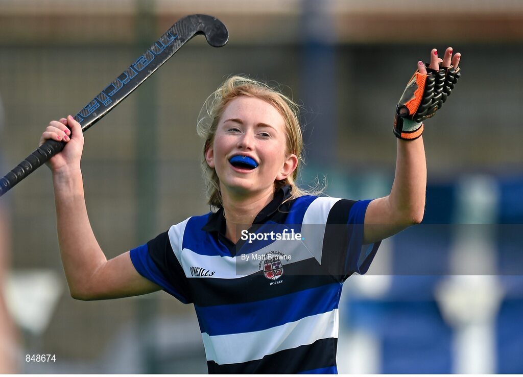 28 March 2014; Megan Mawhinney, Crescent College, celebrates after the final whistle. Electric Ireland Kate Russell All-Ireland School Girls Hockey Final Tournament, Crescent College, Co. Limerick v Kilkenny College, Co. Kilkenny. St Andrews College, Booterstown, Co. Dublin. Picture credit: Matt Browne / SPORTSFILE