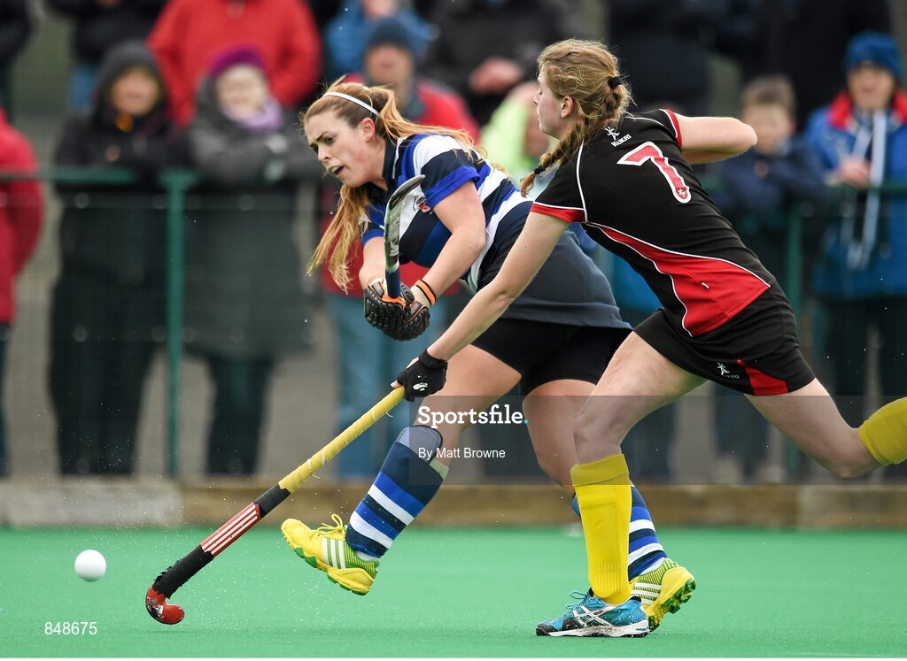 28 March 2014; Clodagh Moloney, Crescent College, in action against Cheyenne Holmes, Kilkenny College. Electric Ireland Kate Russell All-Ireland School Girls Hockey Final Tournament, Crescent College, Co. Limerick v Kilkenny College, Co. Kilkenny. St Andrews College, Booterstown, Co Dublin. Picture credit: Matt Browne / SPORTSFILE