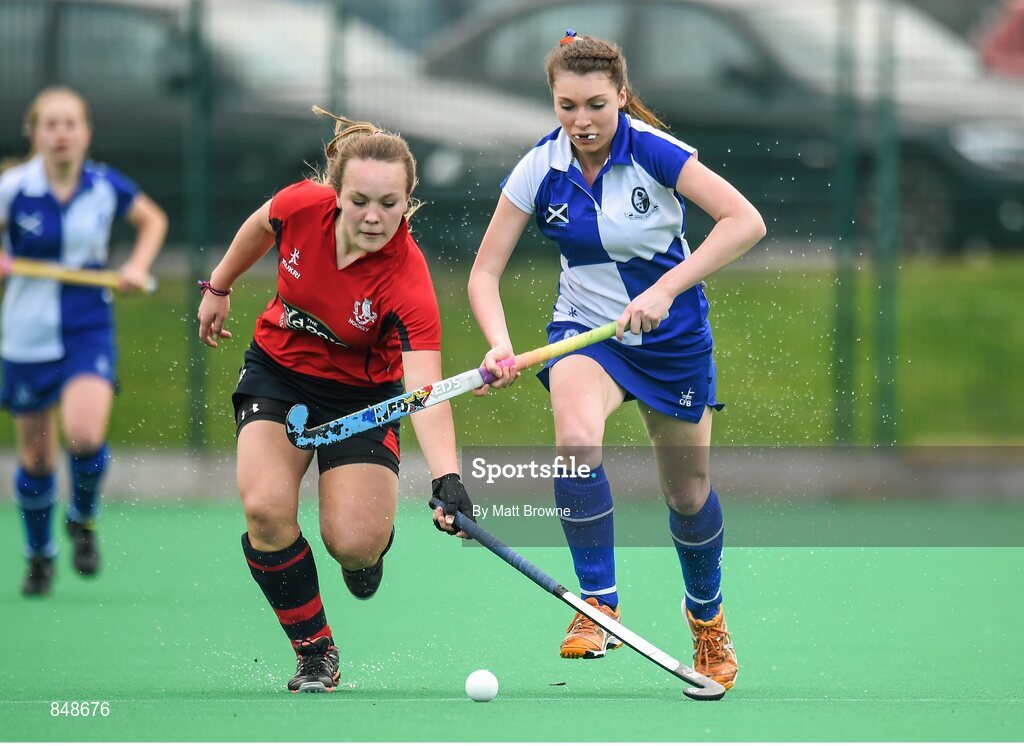 28 March 2014; Kathryn Edgar, Lurgan College, in action against Abbie Sarrat, St Andrews College. Electric Ireland Kate Russell All-Ireland School Girls Hockey Final Tournament, St Andrews College, Dublin v Lurgan College, Co. Armagh. St Andrews College, Booterstown, Co Dublin. Picture credit: Matt Browne / SPORTSFILE