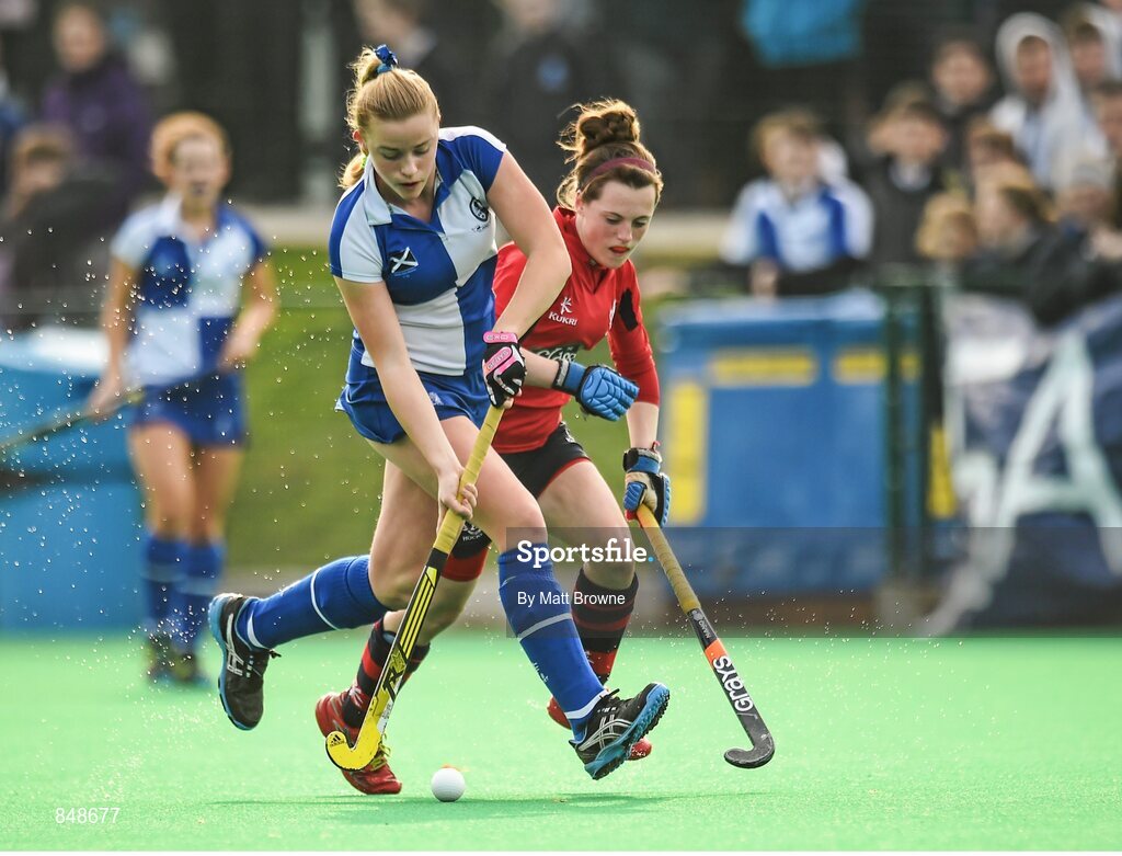 28 March 2014; Sally Campbell, St Andrews College, in action against Alex Hurst, Lurgan College. Electric Ireland Kate Russell All-Ireland School Girls Hockey Final Tournament, St Andrews College, Dublin v Lurgan College, Co. Armagh. St Andrews College, Booterstown, Co Dublin. Picture credit: Matt Browne / SPORTSFILE