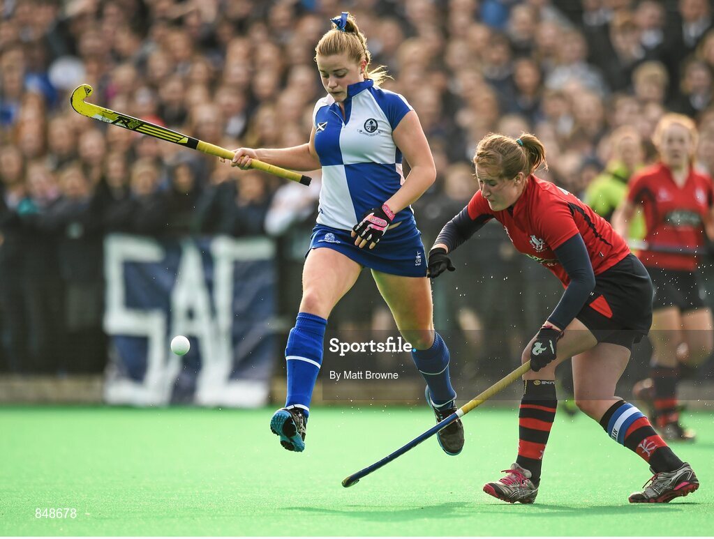 28 March 2014; Sally Campbell, St Andrews College, in action against Samantha Bann, Lurgan College. Electric Ireland Kate Russell All-Ireland School Girls Hockey Final Tournament, St Andrews College, Dublin v Lurgan College, Co. Armagh. St Andrews College, Booterstown, Co Dublin. Picture credit: Matt Browne / SPORTSFILE