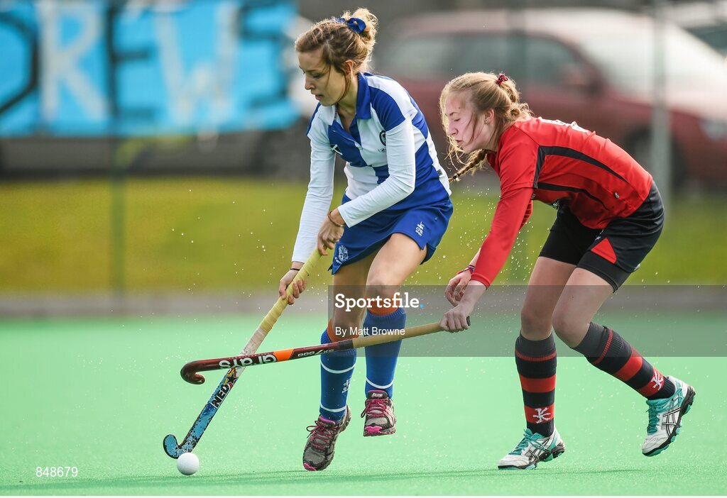 28 March 2014; Sarah McCready, St Andrews College, Dublin, in action against Samantha Bann, Lurgan College, Co. Armagh. Electric Ireland Kate Russell All-Ireland School Girls Hockey Final Tournament, St Andrews College, Dublin v Lurgan College, Co. Armagh. St Andrews College, Booterstown, Co Dublin. Picture credit: Matt Browne / SPORTSFILE