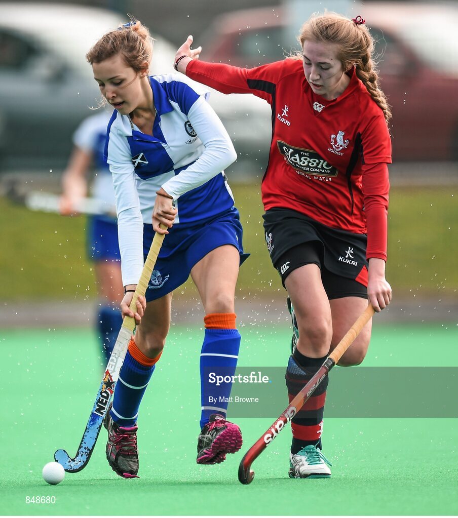 28 March 2014; Sarah McCready, St Andrews College, in action against Samantha Bann, Lurgan College. Electric Ireland Kate Russell All-Ireland School Girls Hockey Final Tournament, St Andrews College, Dublin v Lurgan College, Co. Armagh. St Andrews College, Booterstown, Co Dublin. Picture credit: Matt Browne / SPORTSFILE