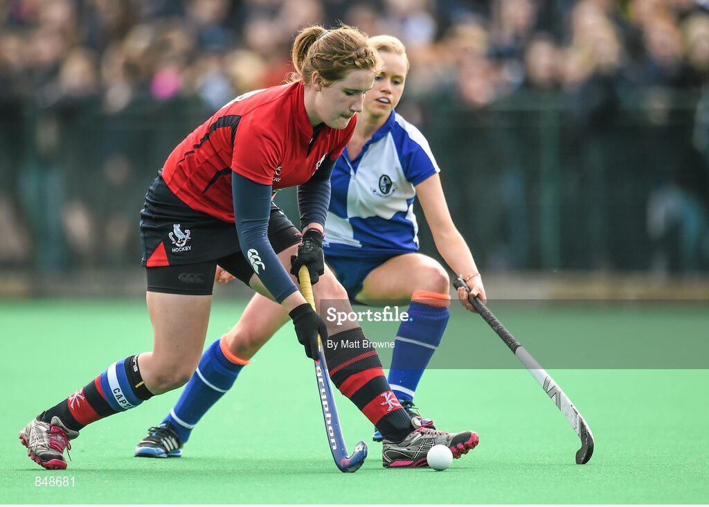 28 March 2014; Hannah Grieve, Lurgan College,, in action against Ellen Beirne, St Andrews College. Electric Ireland Kate Russell All-Ireland School Girls Hockey Final Tournament, St Andrews College, Dublin v Lurgan College, Co. Armagh. St Andrews College, Booterstown, Co Dublin. Picture credit: Matt Browne / SPORTSFILE