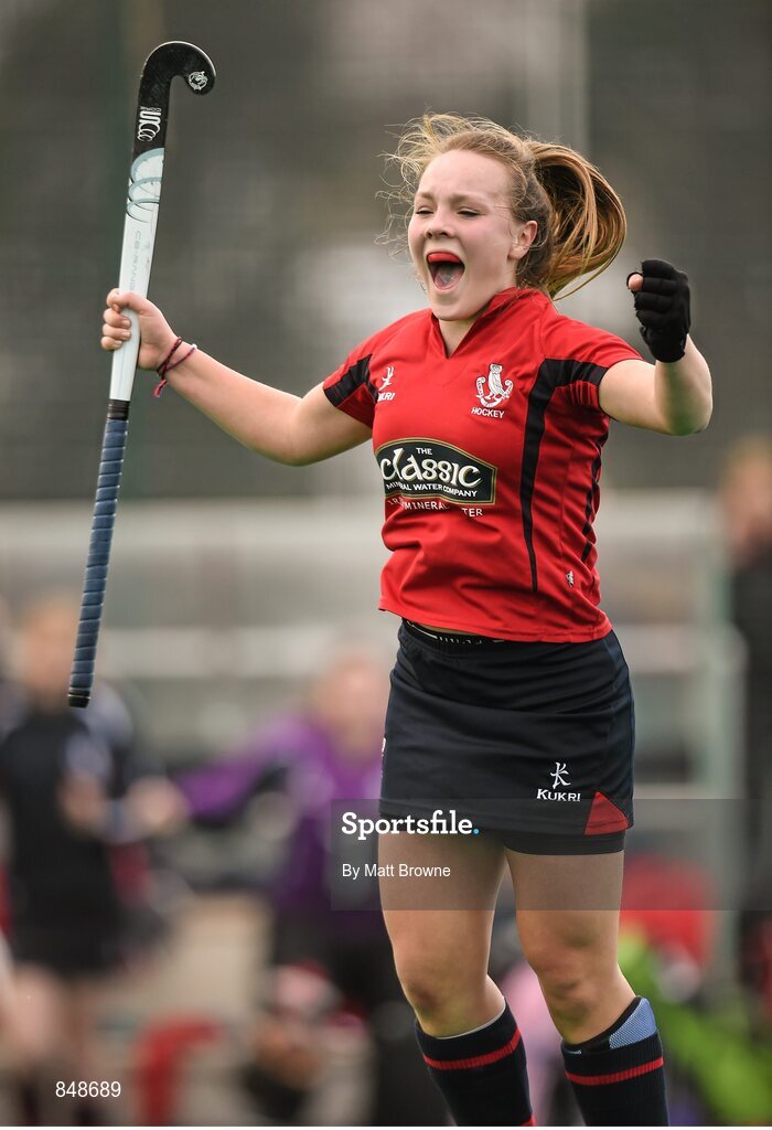 28 March 2014; Kathryn Edgar, Lurgan College, celebrates at the final whistle, Dublin. Electric Ireland Kate Russell All-Ireland School Girls Hockey Final Tournament, St Andrews College, Dublin v Lurgan College, Co. Armagh. St Andrews College, Booterstown, Co Dublin. Picture credit: Matt Browne / SPORTSFILE