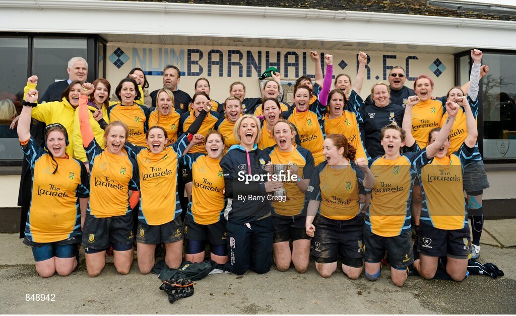 29 March 2014; The Clondalkin players celebrate with the cup. The Paul Flood Cup Final, Clondalkin v Gorey, NUIM Barhnall RFC, Leixlip, Co. Kildare. Picture credit: Barry Cregg / SPORTSFILE