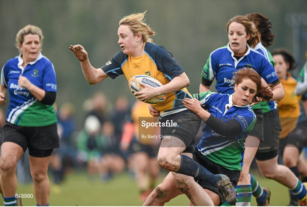 29 March 2014; Mairead Holohan, Clondalkin, is tackled by Maeve Farrell, Gorey. The Paul Flood Cup Final, Clondalkin v Gorey, NUIM Barhnall RFC, Leixlip, Co. Kildare. Picture credit: Barry Cregg / SPORTSFILE