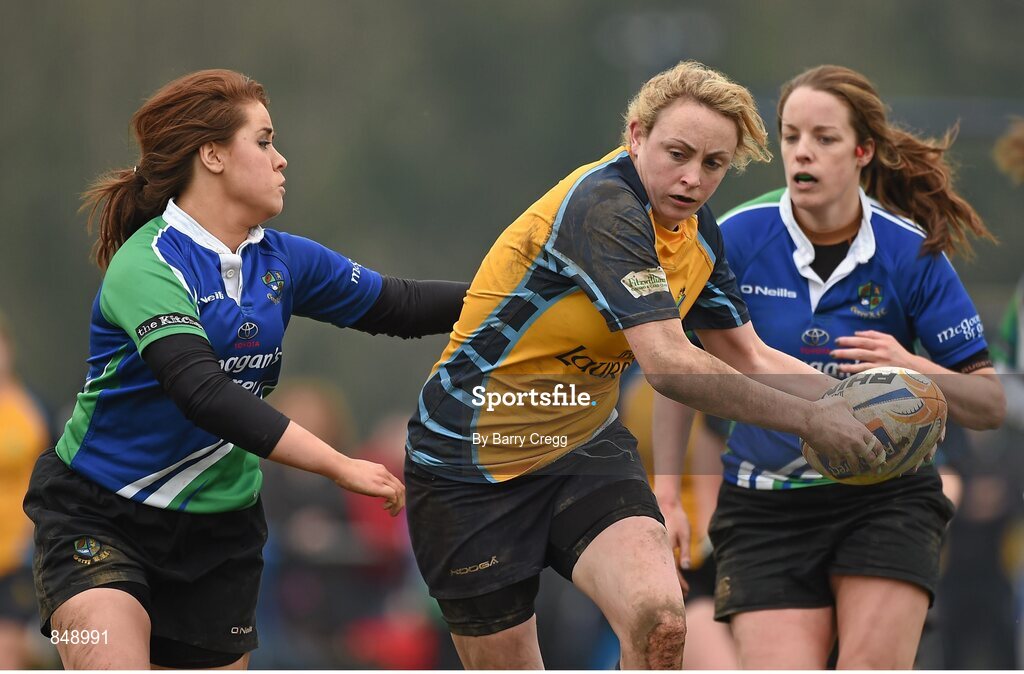 29 March 2014; Mairead Holohan, Clondalkin, is tackled by Maeve Farrell, Gorey. The Paul Flood Cup Final, Clondalkin v Gorey, NUIM Barhnall RFC, Leixlip, Co. Kildare. Picture credit: Barry Cregg / SPORTSFILE