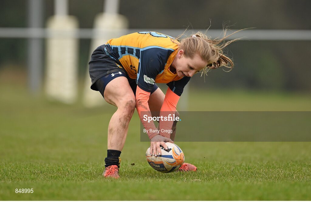 29 March 2014; Sara Phelan, Clondalkin, touches the ball down to score her sides fourth try of the game. The Paul Flood Cup Final, Clondalkin v Gorey, NUIM Barhnall RFC, Leixlip, Co. Kildare. Picture credit: Barry Cregg / SPORTSFILE