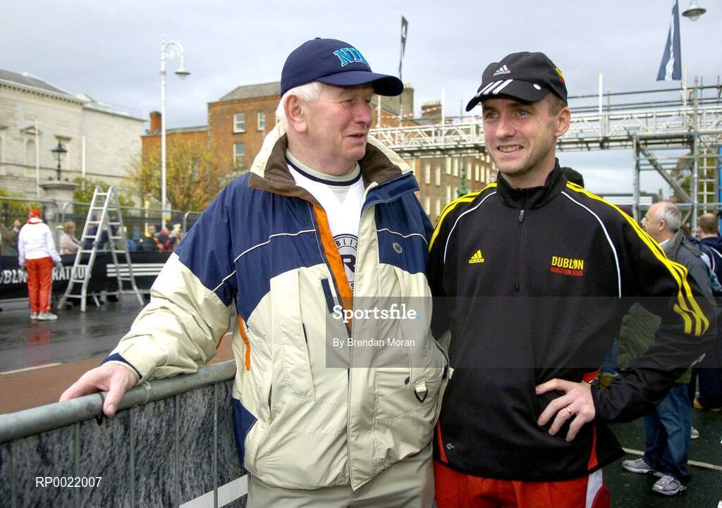31 October 2005; Gerry O'Neill Jnr, right, with his father Gerry Snr after he finished 15th overall during the 2005 adidas Dublin City Marathon. The last time Gerry Jnr ran a marathon was in 1980 when he was 13 years old and ran the Dublin marathon with his father Gerry Snr. Picture credit: Brendan Moran / SPORTSFILE