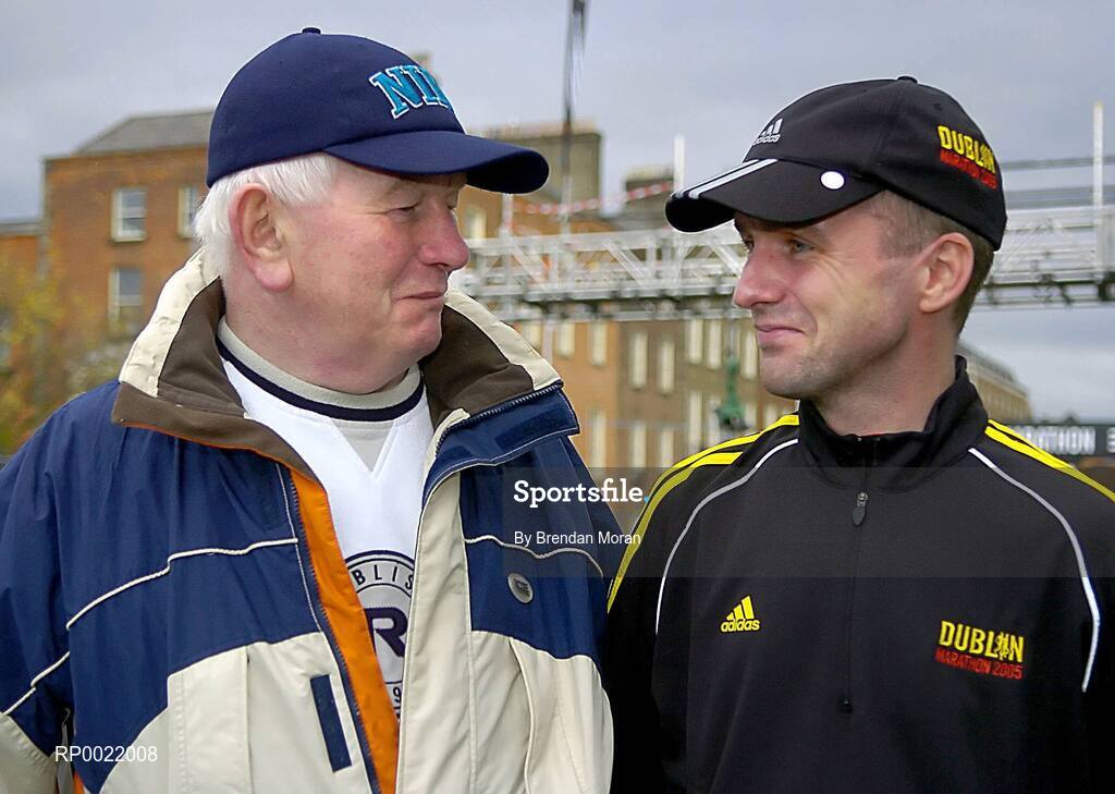 31 October 2005; Gerry O'Neill Jnr, right, with his father Gerry Snr after he finished 15th overall during the 2005 adidas Dublin City Marathon. The last time Gerry Jnr ran a marathon was in 1980 when he was 13 years old and ran the Dublin marathon with his father Gerry Snr. Picture credit: Brendan Moran / SPORTSFILE