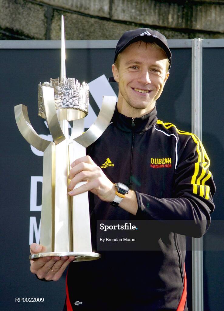 31 October 2005; Dmytro Osadchy of the Ukraine with the Noel Carroll Perpetual trophy after winning the 2005 adidas Dublin City Marathon. Picture credit: Brendan Moran / SPORTSFILE