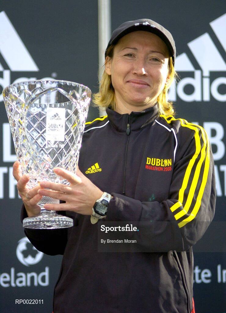 31 October 2005; Zinaida Semenova of Russia with her trophy after winning the Women's race at the 2005 adidas Dublin City Marathon. Picture credit: Brendan Moran / SPORTSFILE