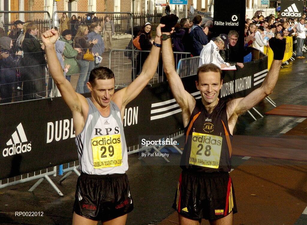 31 October 2005; Pauric McKinney, right, and Gary Crossan after they finished 2nd and 1st Irish men home respectively, which also doubled as the National Marathon Championship, during the 2005 adidas Dublin City Marathon. Picture credit: Pat Murphy / SPORTSFILE