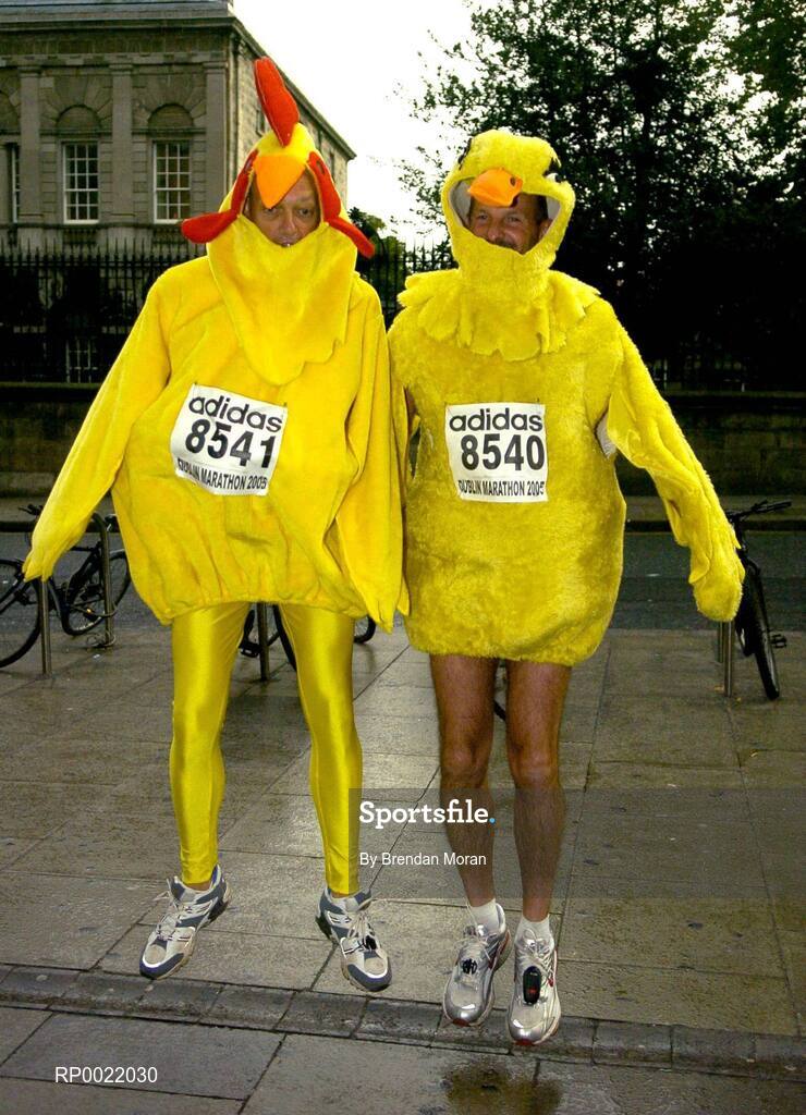 31 October 2005; Anthony Riley, left, and Anthony Foreman from England in fancy dress before the start of the 2005 Dublin City Marathon. Picture credit: Brendan Moran / SPORTSFILE