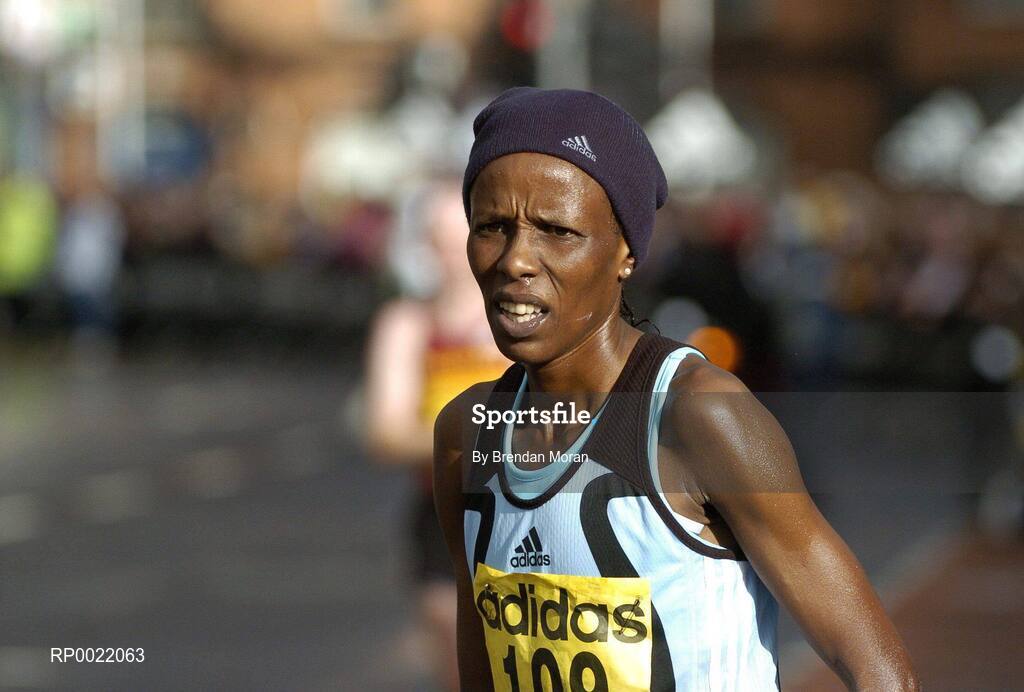 31 October 2005; Anne Jalegat Kibor, Kenya, after finishing in third place during the 2005 adidas Dublin City Marathon. Picture credit: Brendan Moran / SPORTSFILE