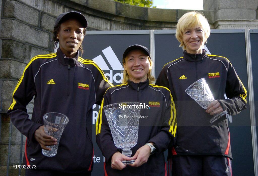 31 October 2005; 3rd placed Anne Jalegat Kibor, left, of Kenya, winner Zinaida Semenova, centre, of Russia and 2nd placed Larissa Zousko of England, after the 2005 adidas Dublin City Marathon. Picture credit: Brendan Moran / SPORTSFILE