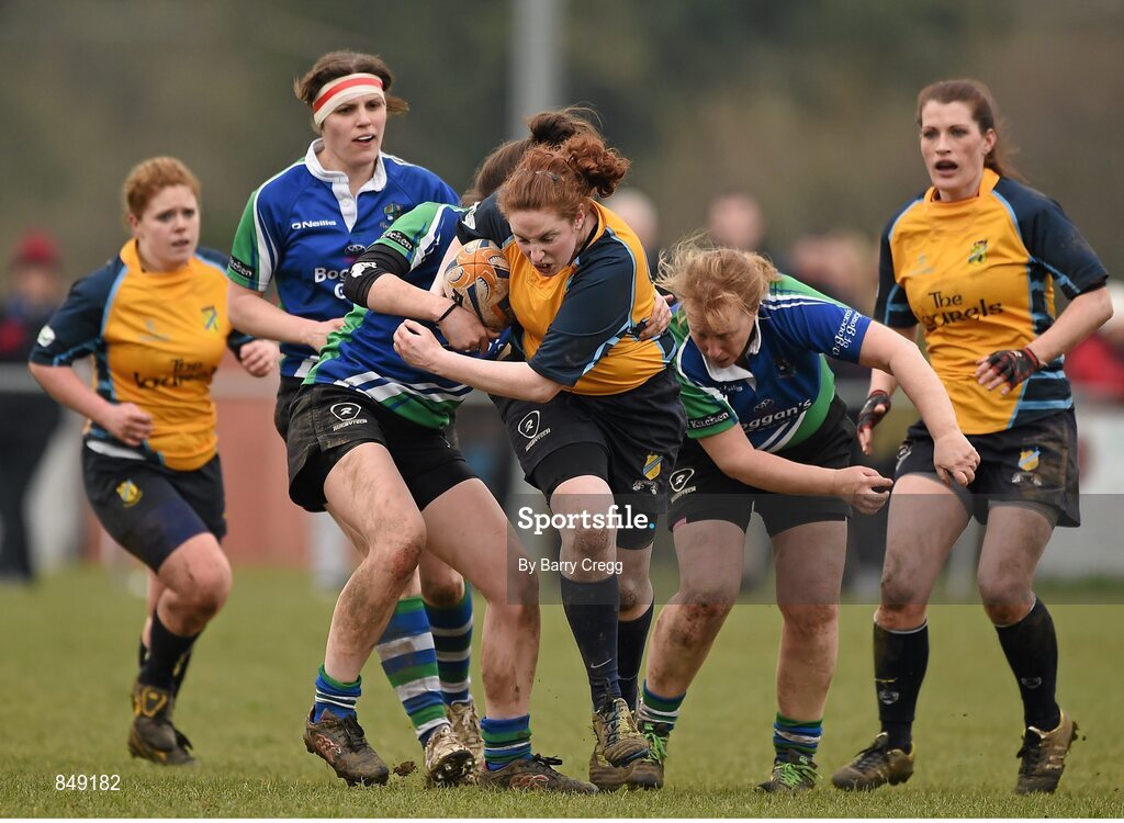 29 March 2014; Niamh Farrelly, Clondalkin, is tackled by Schalan Cullen, left, and Samantha Canavan, Gorey. The Paul Flood Cup Final, Clondalkin v Gorey, NUIM Barhnall RFC, Leixlip, Co. Kildare. Picture credit: Barry Cregg / SPORTSFILE