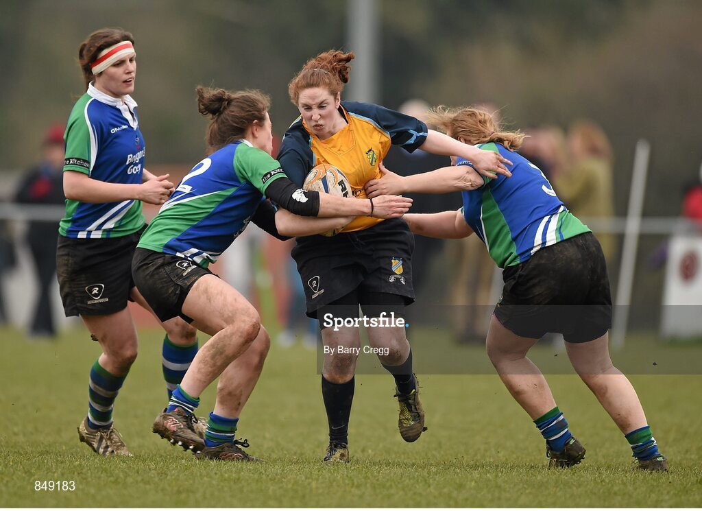 29 March 2014; Niamh Farrelly, Clondalkin, is tackled by Schalan Cullen, left, and Samantha Canavan, Gorey. The Paul Flood Cup Final, Clondalkin v Gorey, NUIM Barhnall RFC, Leixlip, Co. Kildare. Picture credit: Barry Cregg / SPORTSFILE