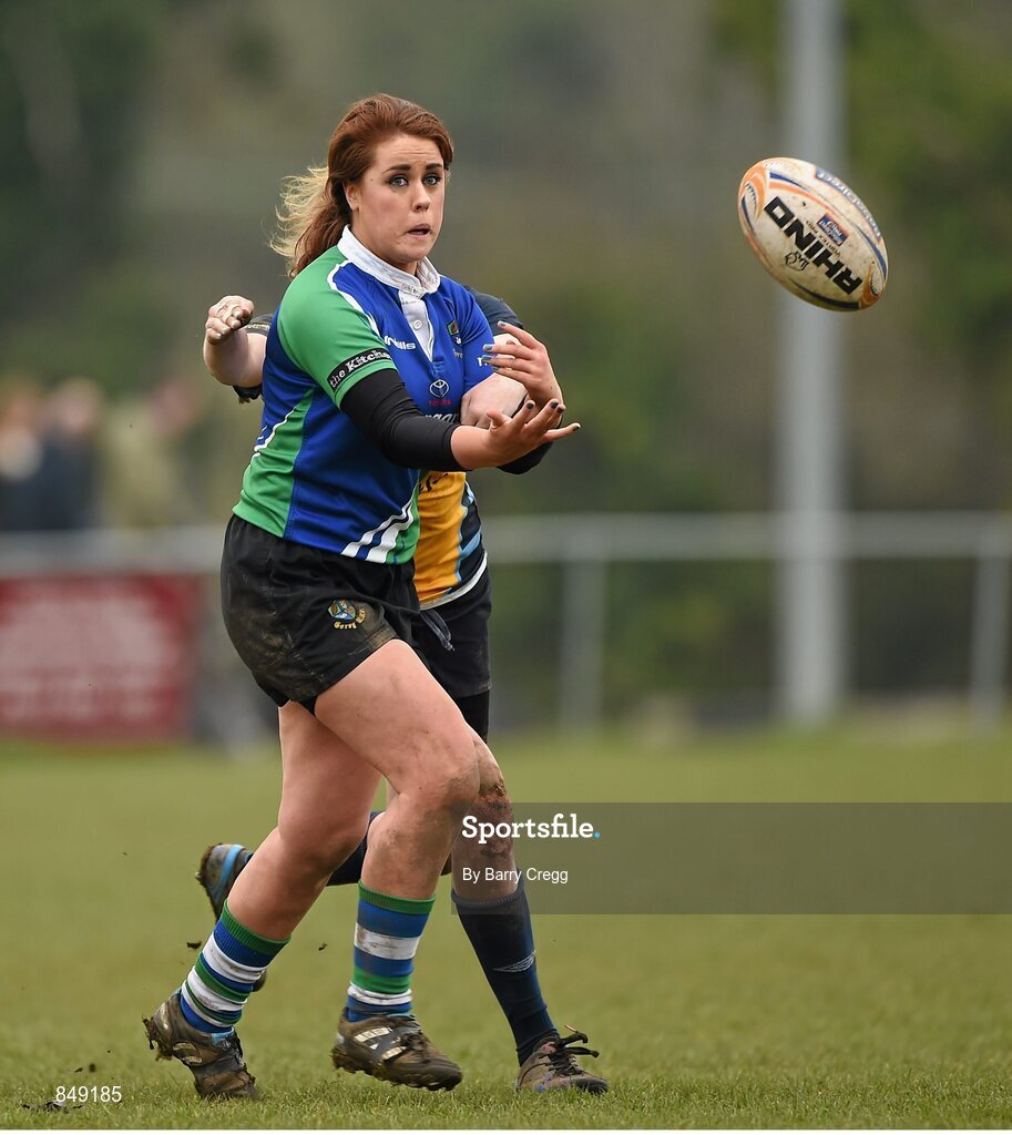 29 March 2014; Maeve Farrell, Gorey, is tackled by Ciara Grogan, Clondalkin. The Paul Flood Cup Final, Clondalkin v Gorey, NUIM Barhnall RFC, Leixlip, Co. Kildare. Picture credit: Barry Cregg / SPORTSFILE
