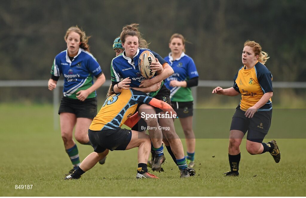 29 March 2014; Schalan Cullen, Gorey is tackled by Sara Phelan, left, and Kerryn Buck, Clondalkin. The Paul Flood Cup Final, Clondalkin v Gorey, NUIM Barhnall RFC, Leixlip, Co. Kildare. Picture credit: Barry Cregg / SPORTSFILE